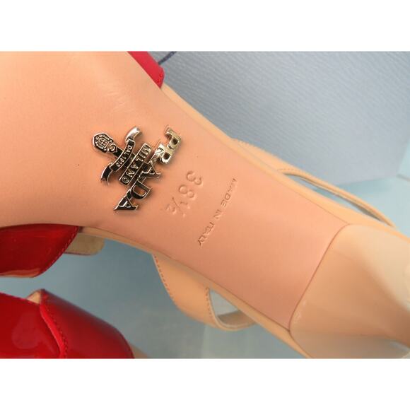 NIB PRADA 1I270L BEIGE RED PATENT LEATHER POINTED TOE SANDALS MULES PUMPS 39 IT - Picture 11 of 12